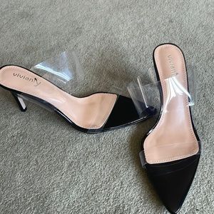 Vivainly pointed toe, clear strap stilettos